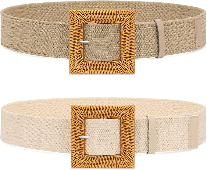 SUOSDEY 2 Pack Straw Woven Elastic Belt Braided Stretch Wide Belt for Women Dress | Amazon (US)