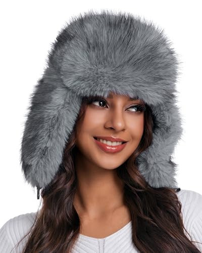 Aiphamy Faux Fur Fluffy Trapper Hat for Women & Men – Winter Warm Russian Ushanka Hat with Ear Flaps (US, Alpha, One Size, Snow Grey) | Amazon (US)
