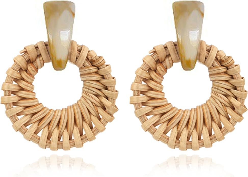 Bohemian Handmade Raffia Rattan Round Drop Dangle Earrings for Women, Lightweight Summer Beach Bo... | Amazon (US)