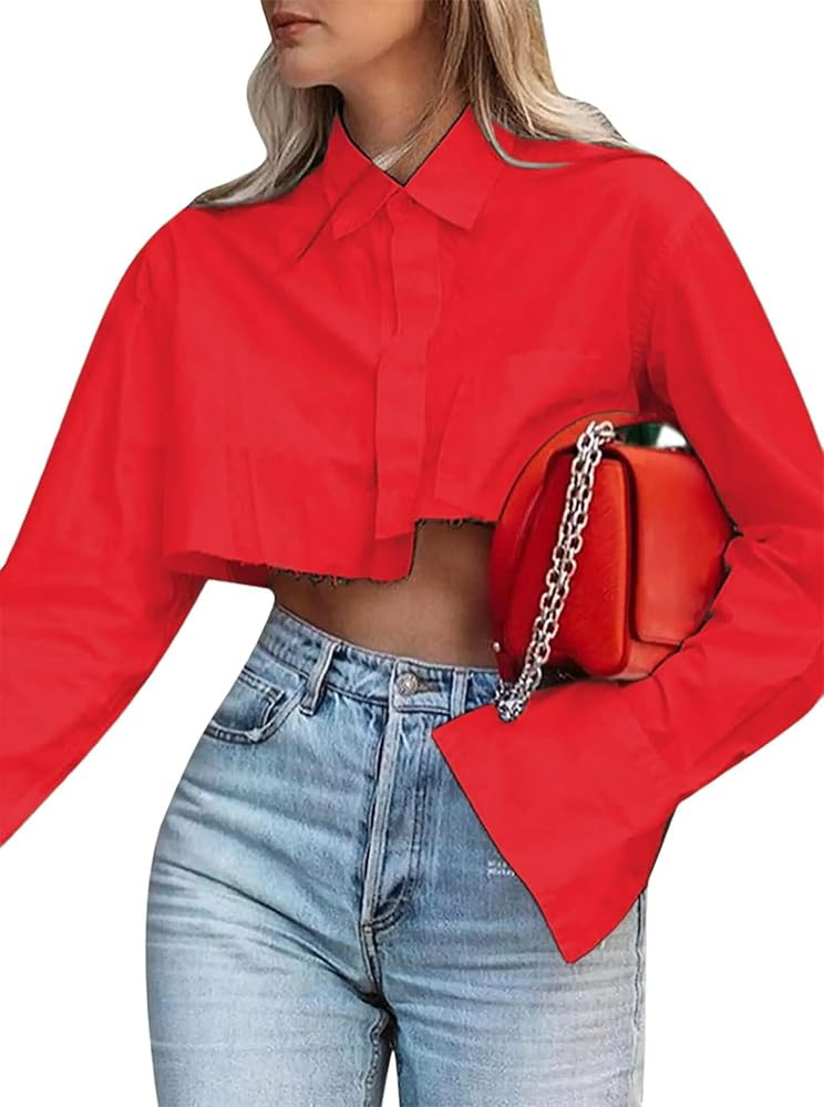 Women Cropped Button Down Shirt Asymmetric Hem Long Sleeve Collared Blouse Top | Amazon (US)