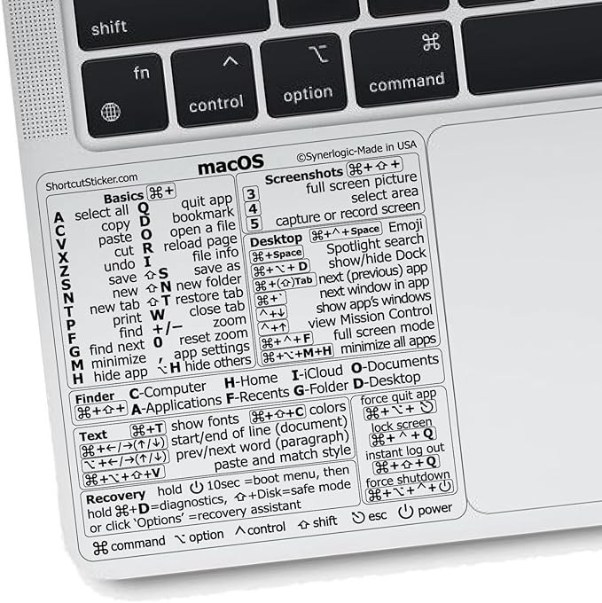 Synerlogic Mac OS Shortcuts Sticker for Air/Pro | Keyboard Stickers for macOS | Laminated Vinyl M... | Amazon (US)