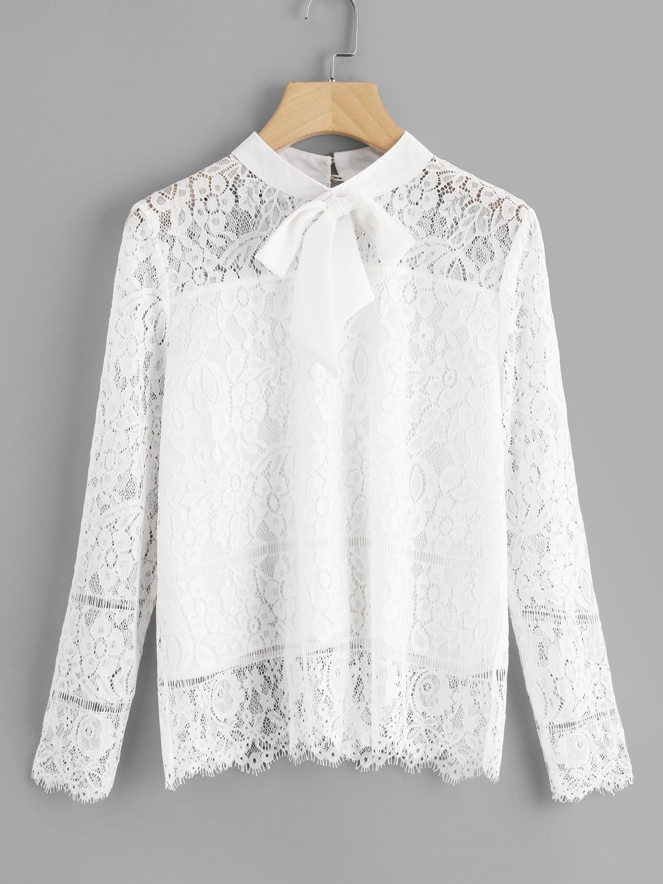 Tie Neck Eyelash Lace Blouse | SHEIN