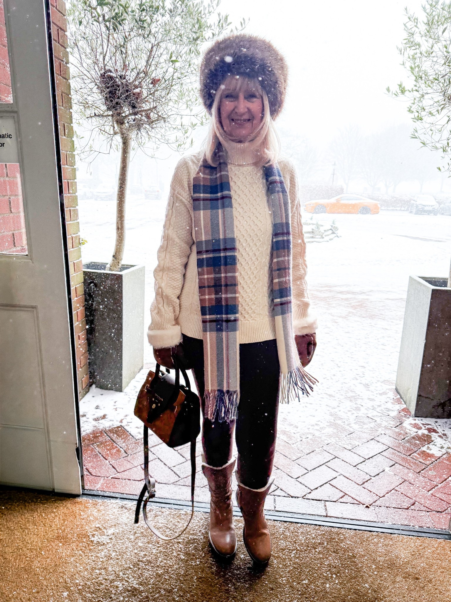 Snowy winter outfit with faux fur headband and thermal leggings 

#LTKeurope #LTKuk #LTKwinter