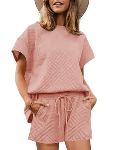 Imily Bela Womens Loungewear Set Short Sleeve Tops and Shorts 2 Piece Outfits Plus Size Oversized Pajama Set with Pockets Pink | Amazon (US)