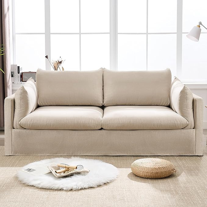 Modern Slipcover 3-Seater Sofa, 81.3 inch Living Room Couch, Beige Linen Fabric | Amazon (US)