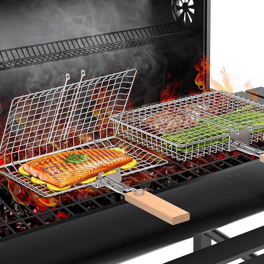 ivtivfu Fish Grill Basket Set, Removable Wooden Handle, 304 Stainless Steel, Nesting BBQ Tools, S... | Amazon (US)