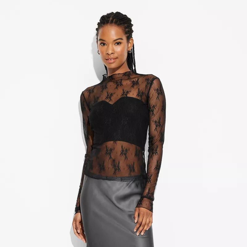 Women's Long Sleeve Mock Turtleneck Lace Shirt - Wild Fable™ | Target