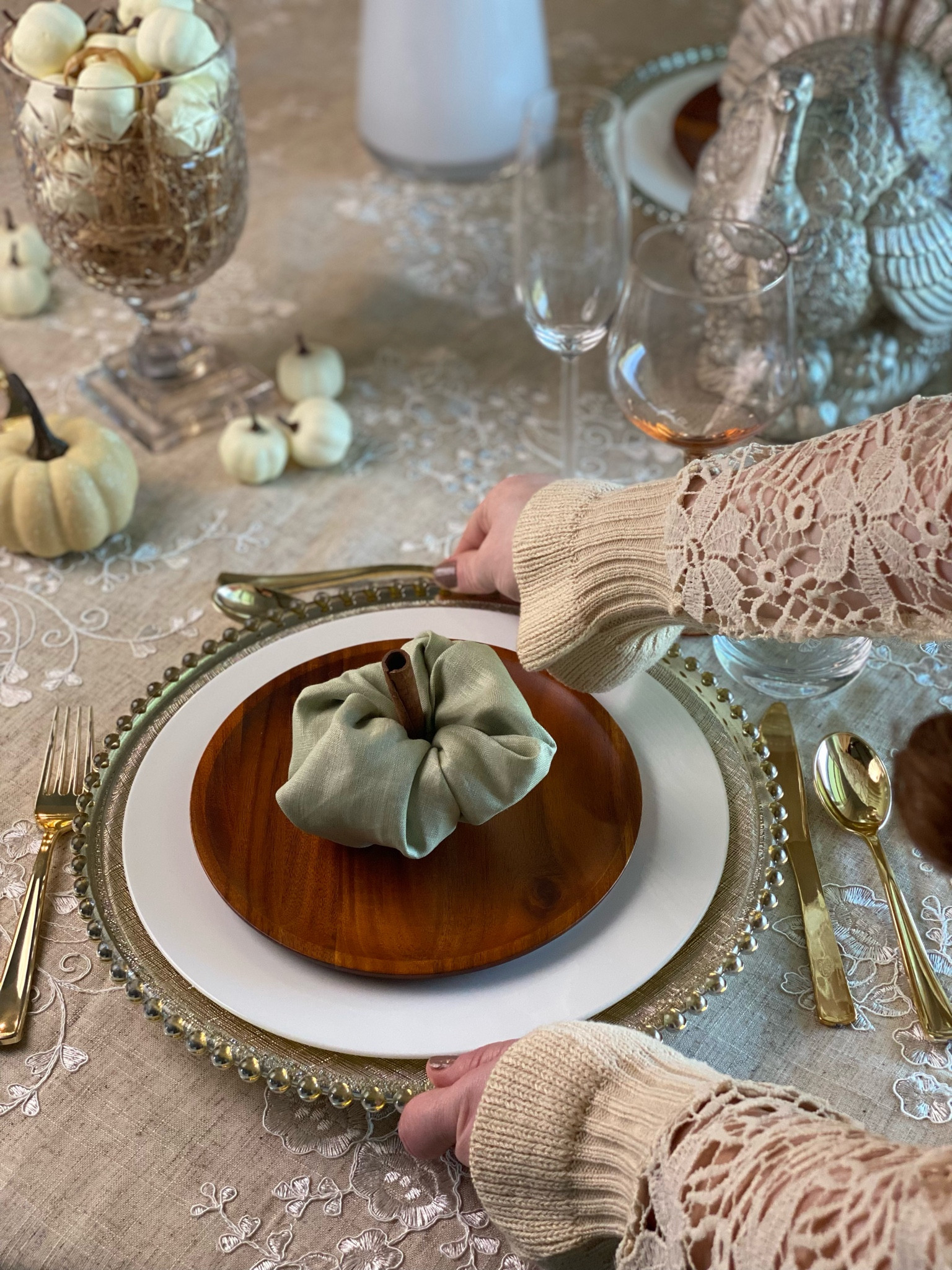 Beautiful setting table. Fall table. Gold Charger plate. Dinnerware. Gold flatware. Thanksgiving table. Tablescape. Cloth napkins. Wood plates. Pumpkin napkins Amazon find 

#LTKhome #LTKsalealert #LTKSeasonal