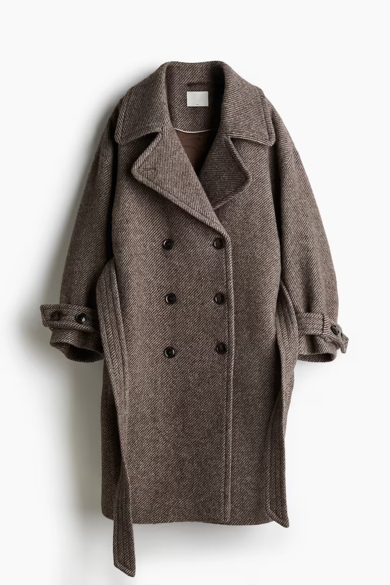 Double-breasted wool coat - Dark brown/Striped - Ladies | H&M GB | H&M (UK, MY, IN, SG, PH, TW, HK)