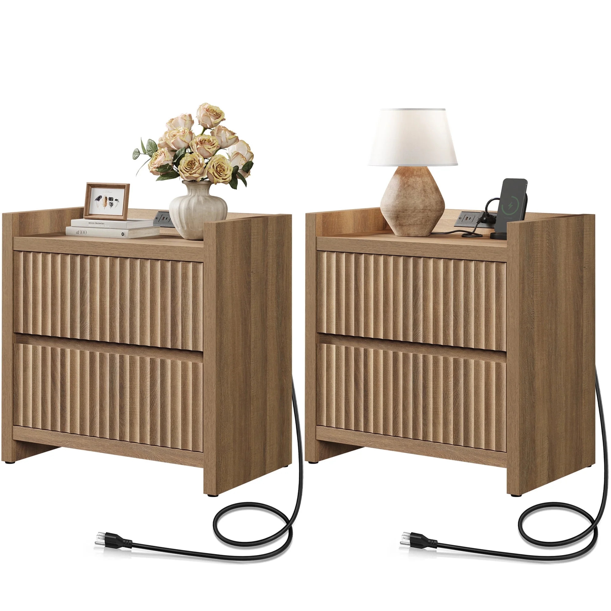 SICOTAS 25.4" Wide Nightstand Set of 2 with Charging Station, Modern Night Stand  with  2 Fluted ... | Walmart (US)