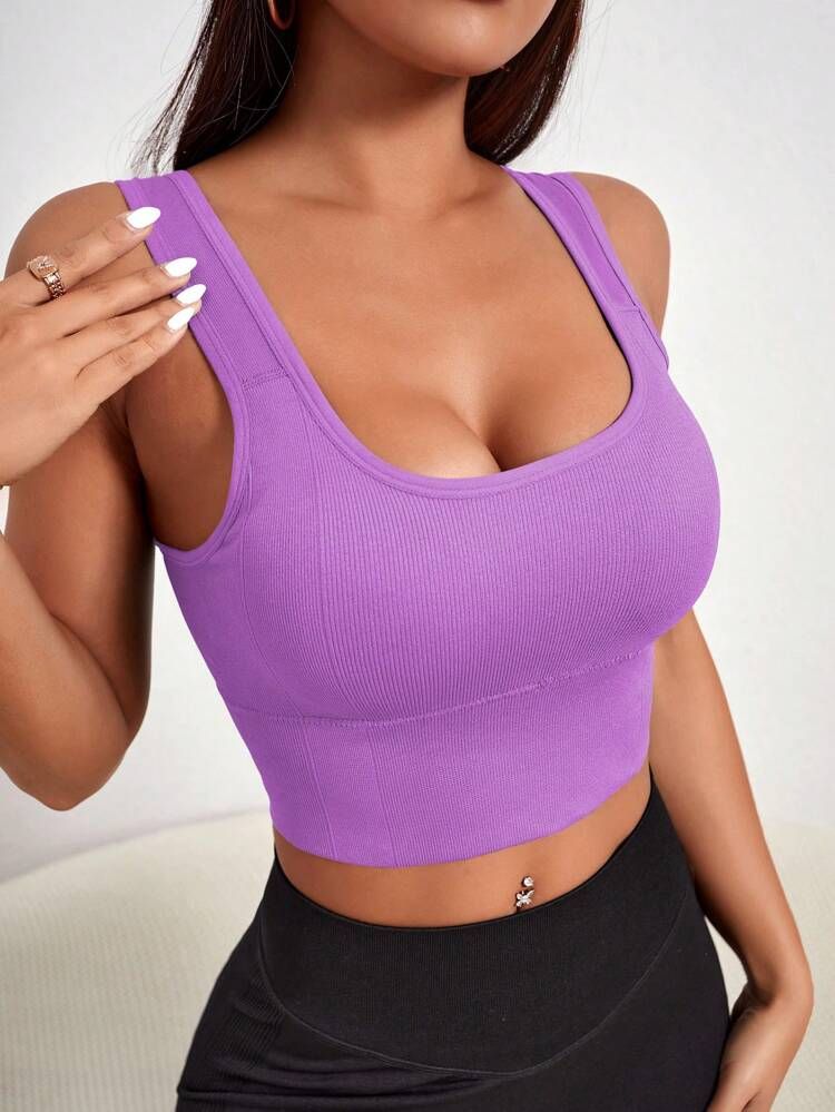 Solid Ribbed Knit Sports Bra | SHEIN