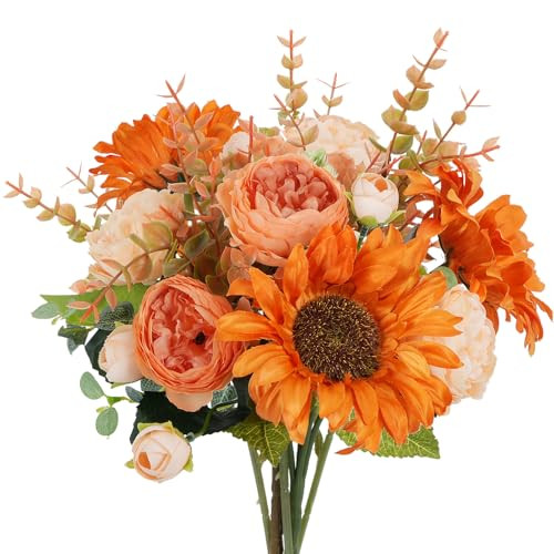 HO2NLE Fall Flowers Artificial Sunflowers Bouquet Silk Flowers Faux Peony Faux Florals Arrangements Fall Decor for Home Table Centerpiece Wedding Autumn Indoor 14inch | Amazon (US)