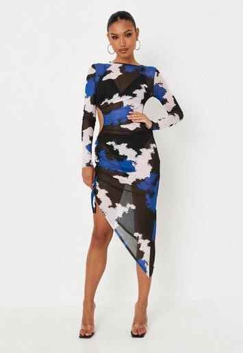 Missguided - Blue Tie Dye Mesh Cut Out Midaxi Dress | Missguided (US & CA)