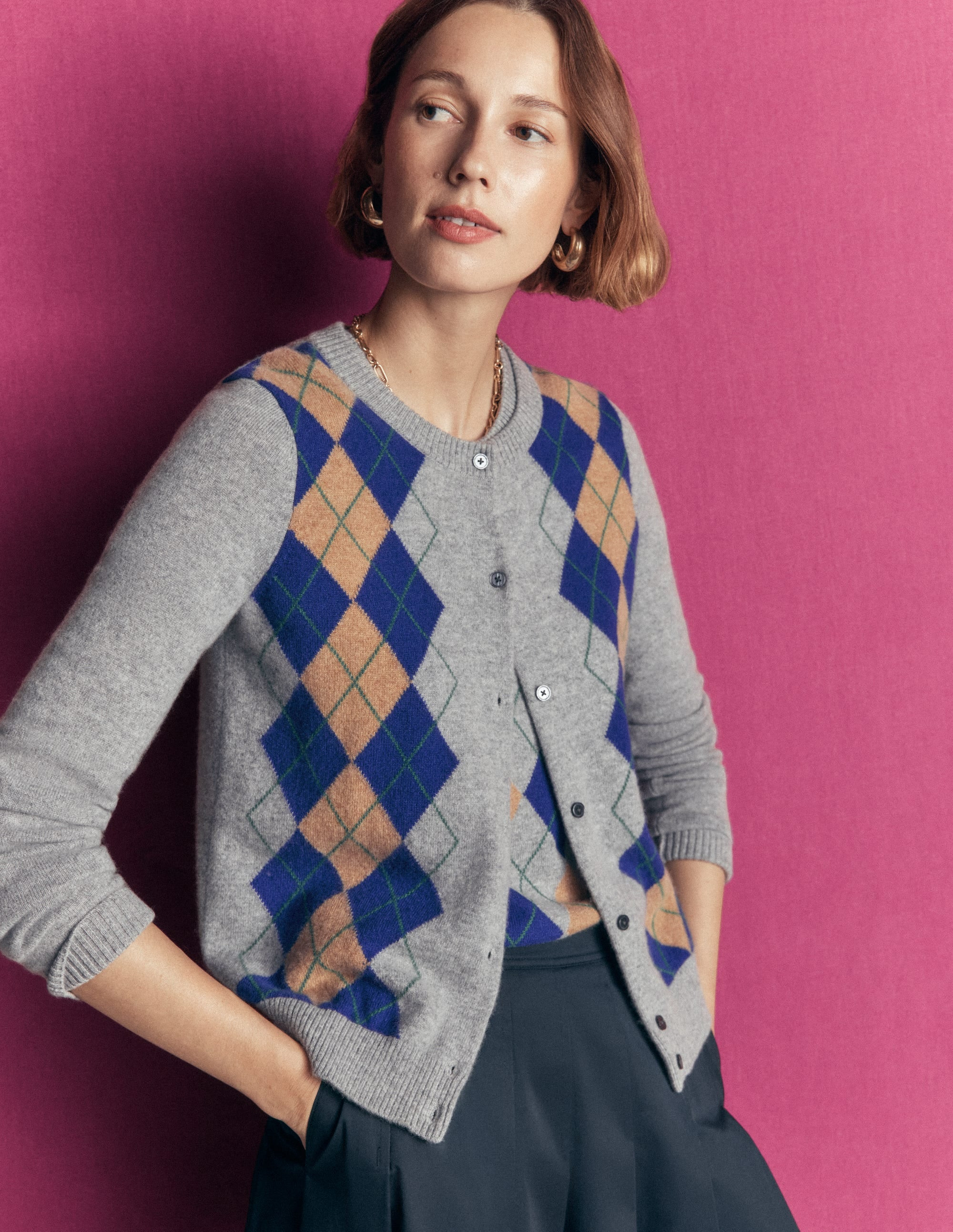 Elsie Cashmere Crew Cardigan-Grey Argyle | Boden (US)