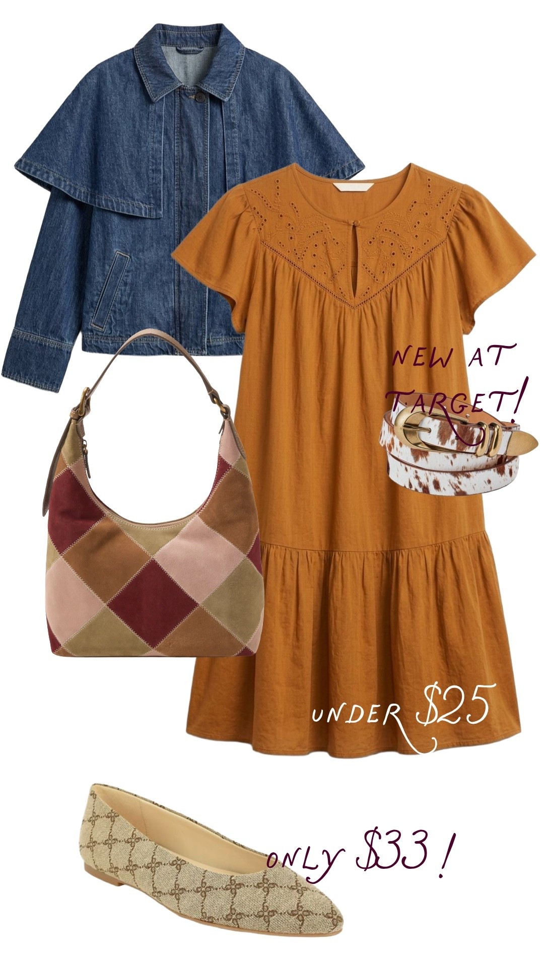 This Old Navy dress is SUCH a cute fall find. I love the warm rust color with the denim jacket, patchwork bag, and fun cow-print belt for a little extra personality. Add the flats?! You have an easy fall outfit for any occasion!  

 #LTKgrwm #LTKootd #LTKmomlife