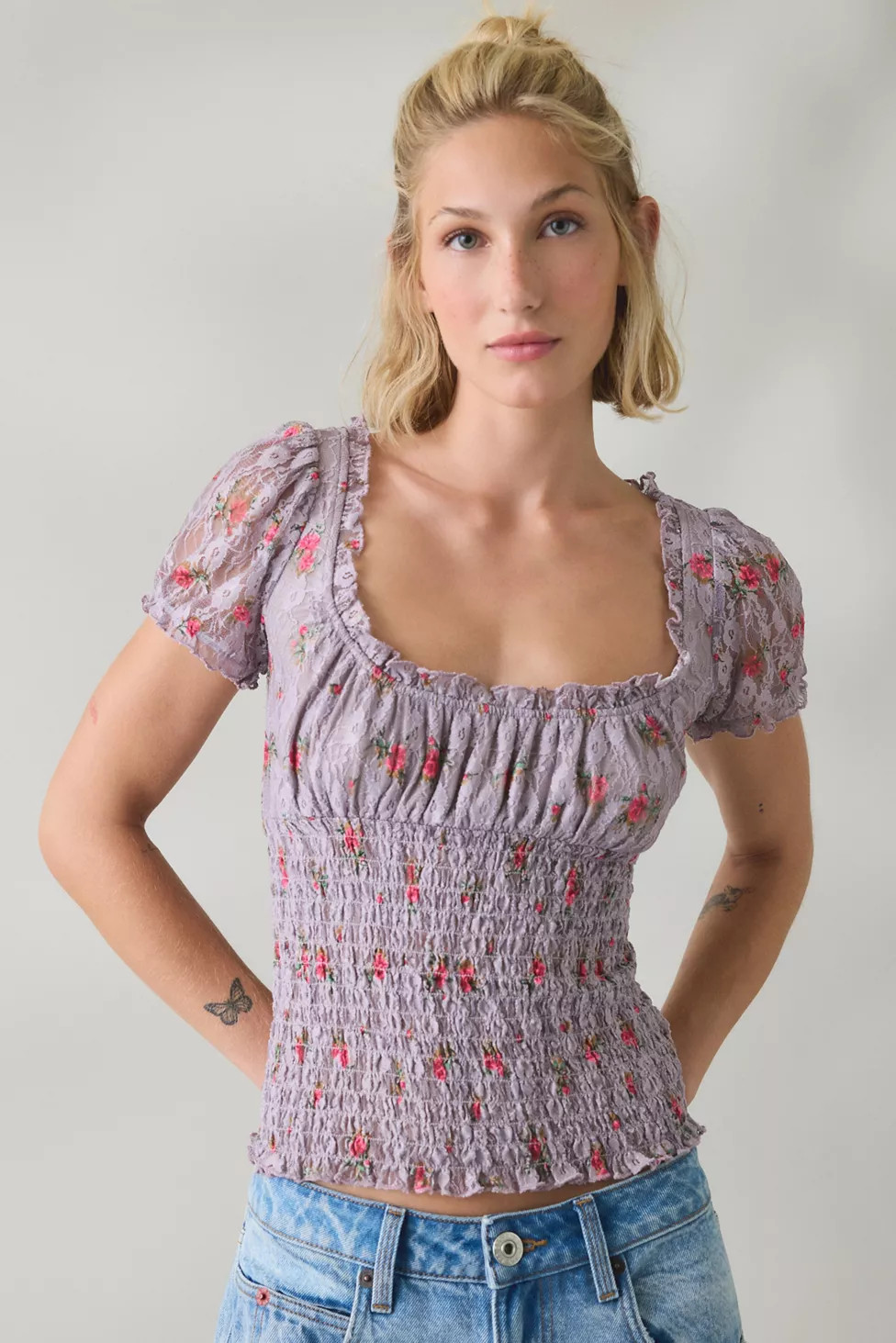 BDG Flora Lace Smocked Square Neck Milkmaid Blouse | Urban Outfitters (US and RoW)