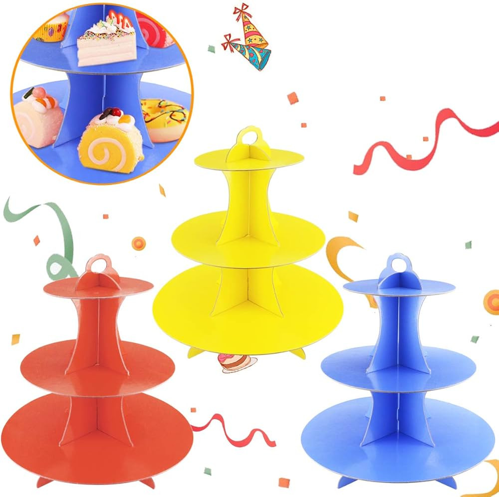 3 Pack 3-Tier Colorful Round Cardboard Cup Cake Holder Stand Dessert Tower, Reusable Pastry Servi... | Amazon (US)