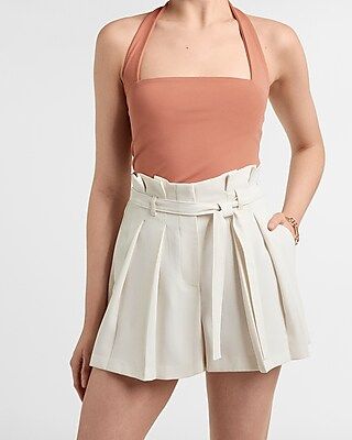 Super High Waisted Belted Pleated Paperbag Shorts | Express