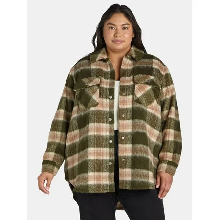 Terra & Sky Women s Plus Size Brushed Plaid Button Down Shacket 0X-5X | Walmart (US)