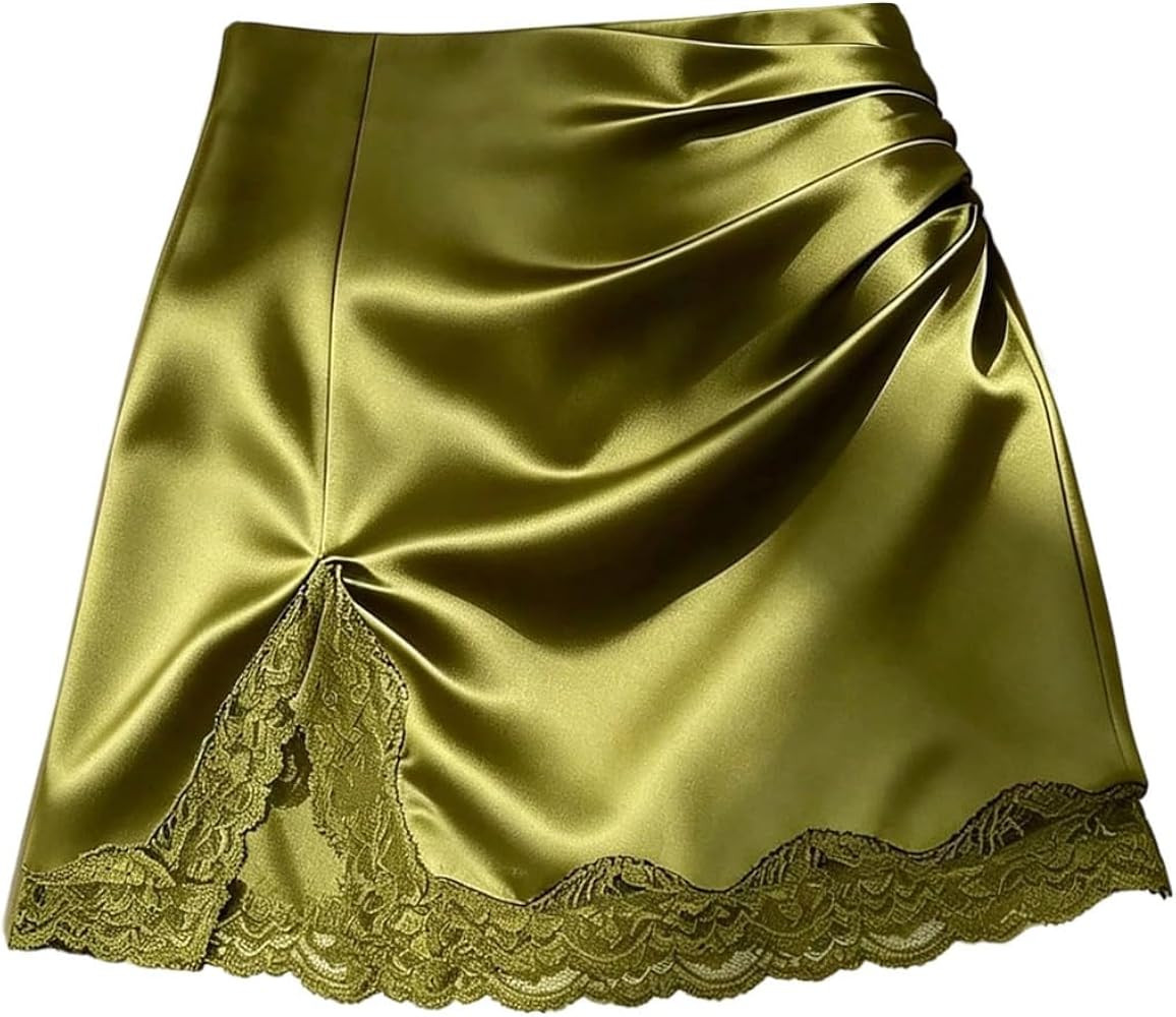 RoseSeek Women's Lace Satin Slit Skirt Silk Ruched Bodycon Mini Skirts | Amazon (US)
