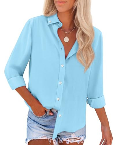 siliteelon Button Down Shirts for Women Oxford Shirt Cotton Dress Shirts Collared Long Sleeve Wrinkle Free Blouse Tops-River Blue L | Amazon (US)