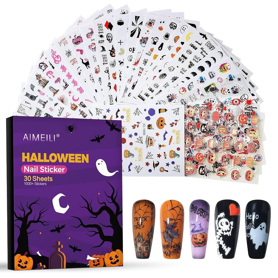 AIMEILI Halloween Nail Stickers - 3D Designs: Ghost, Skull, Spider, Pumpkin - DIY Holiday Nail Ar... | Amazon (US)