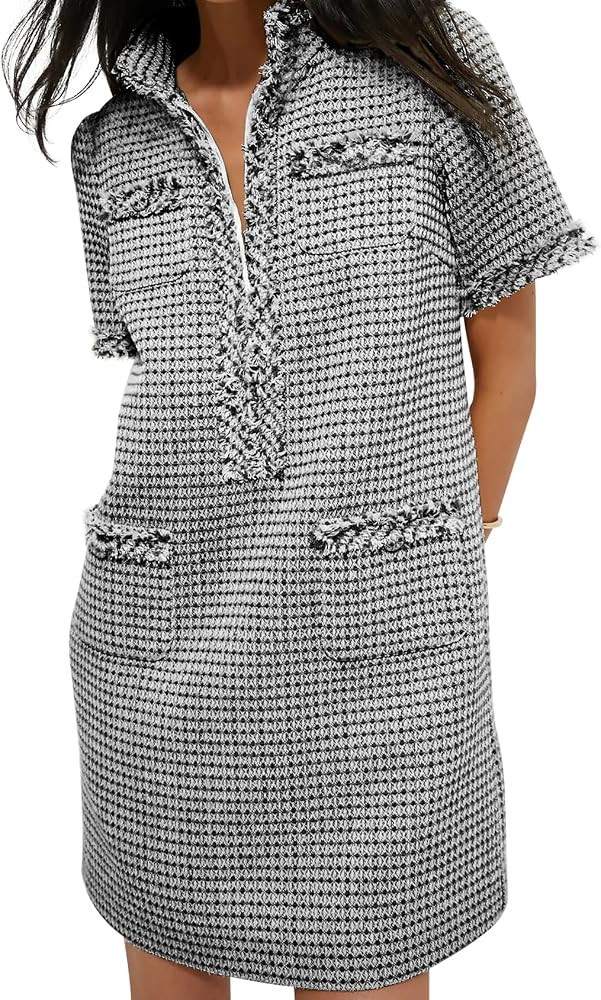 COZYPOIN Womens Tweed Mini Dress Elegant V Neck Short Sleeve Business Shift Dresses for Work Casu... | Amazon (US)