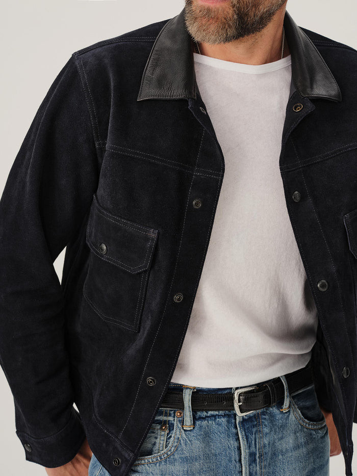 Indigo Pullup Rambler Suede Trucker Jacket - Buck Mason- Modern American Classics | Buck Mason