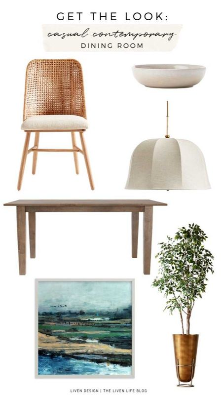 Casual contemporary dining room. coastal modern decor. Home decor. Interior design. rectangular dining table. woven modern dining chair. woven white pendant chandelier. stoneware serving bowl. Coastal art. Abstract painting. brass potted plant. Faux tree. 

#LTKSeasonal #LTKhome #LTKstyletip