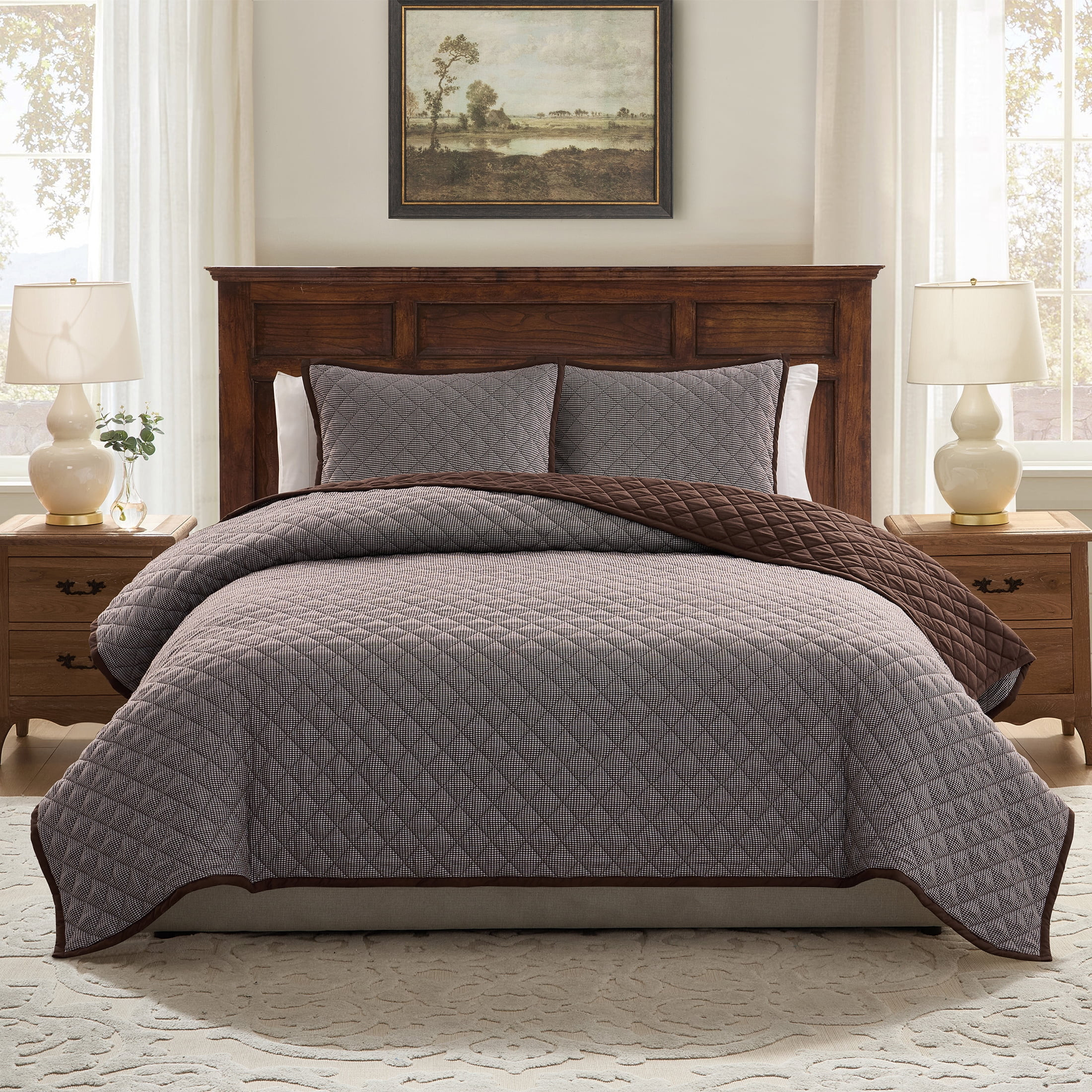 My Texas House Brown Houndstooth 3-Piece Cotton Quilt Set, King | Walmart (US)