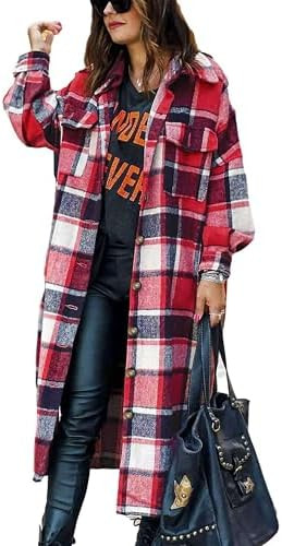 Omoone Women's Flannel Plaid Shacket Fall Oversized Long Button Down Shirt Jacket Shackets | Amazon (US)