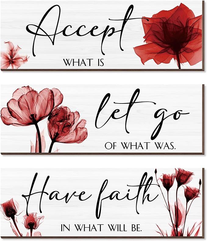 3 Pcs Rustic Flower Wall Art Accept Let Go Have Faith Bedroom Wall Decor Wooden Inspirational Quo... | Amazon (US)