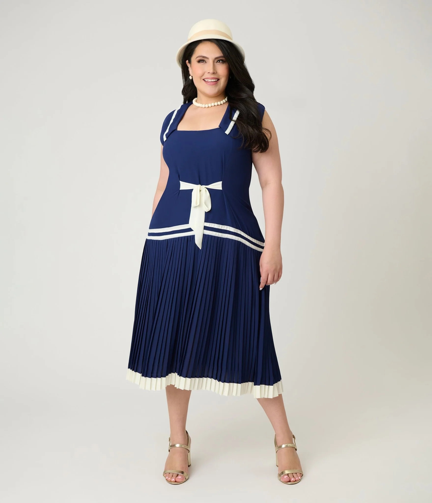 Unique Vintage Plus Size Navy Pleated Flapper Day Dress | Unique Vintage - North America