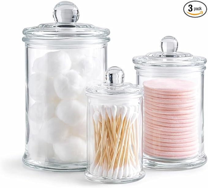 KMWARES 3PCs Set Small Mini Clear Glass Premium Quality Apothecary Jars/Bathroom Storage/Vanity O... | Amazon (US)