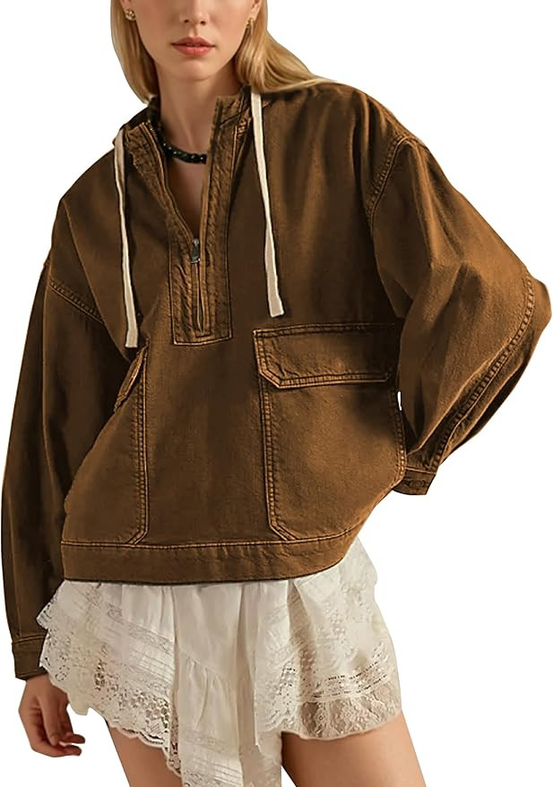 HangNiFang Womens Oversized Hooded Denim Cotton Jacket Cargo Half Zip Pullover Coat with Pockets | Amazon (US)