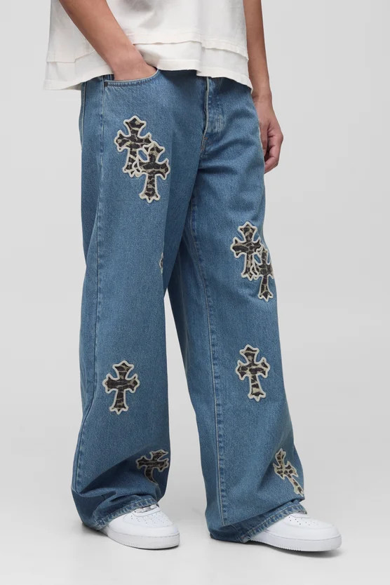 Tall Baggy Rigid Leopard Cross Applique Denim Jeans | boohooMAN (DE, IE & UK)