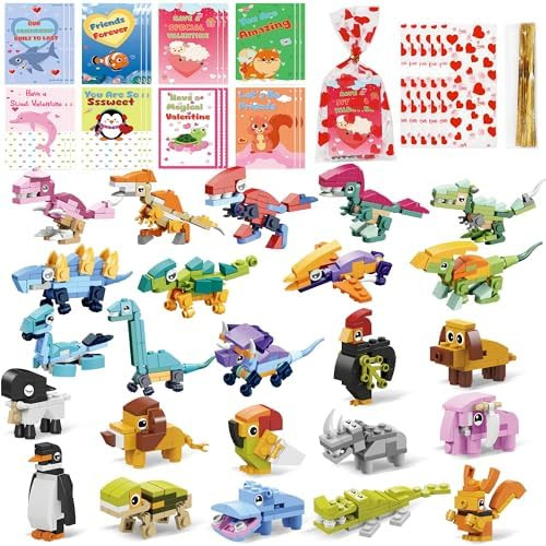 24 Pack Valentines Day Gifts Animal Dinosaur Figure Building Blocks with Valentine's Cards for Ki... | Amazon (US)