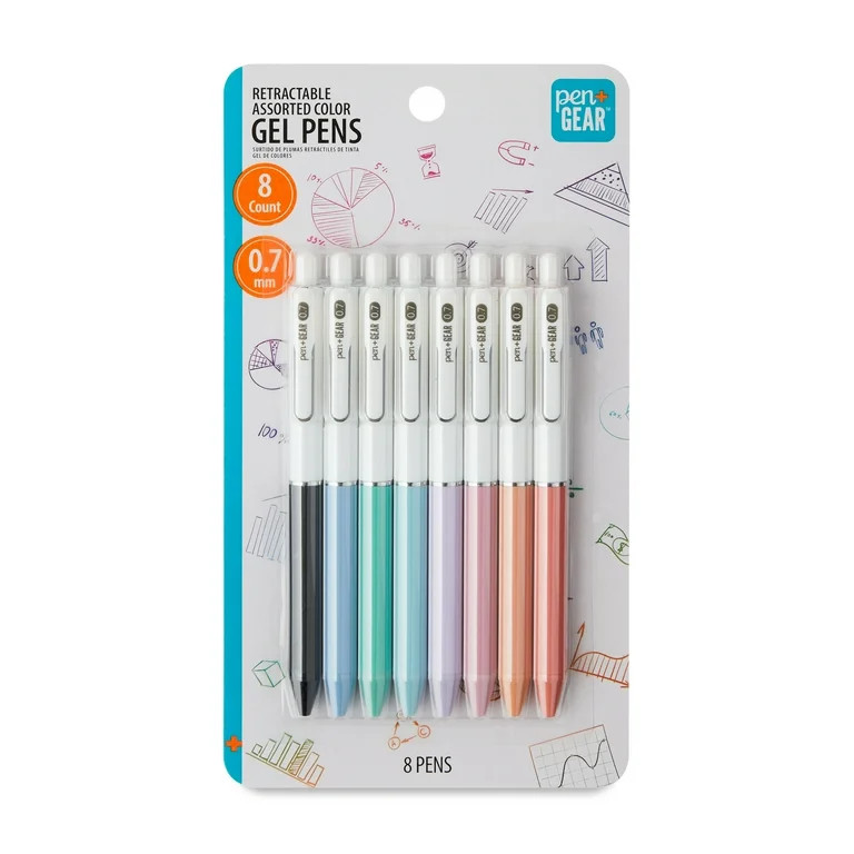 Pen+Gear Retractable Gel Pen, Medium Point, 0.7 mm, Assorted Colors, 8 Count | Walmart (US)