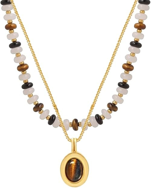 Bohemian Earthy Bead Choker | Layered Beaded Necklaces for Women | Stone Pendant Tiger Eye Gold B... | Amazon (US)