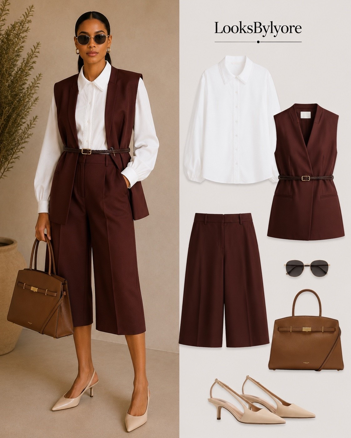 Sleeves vest, culottes pants, demellier bag, statement white shirt and sling back heels for work. #officelook #stylishoutfit