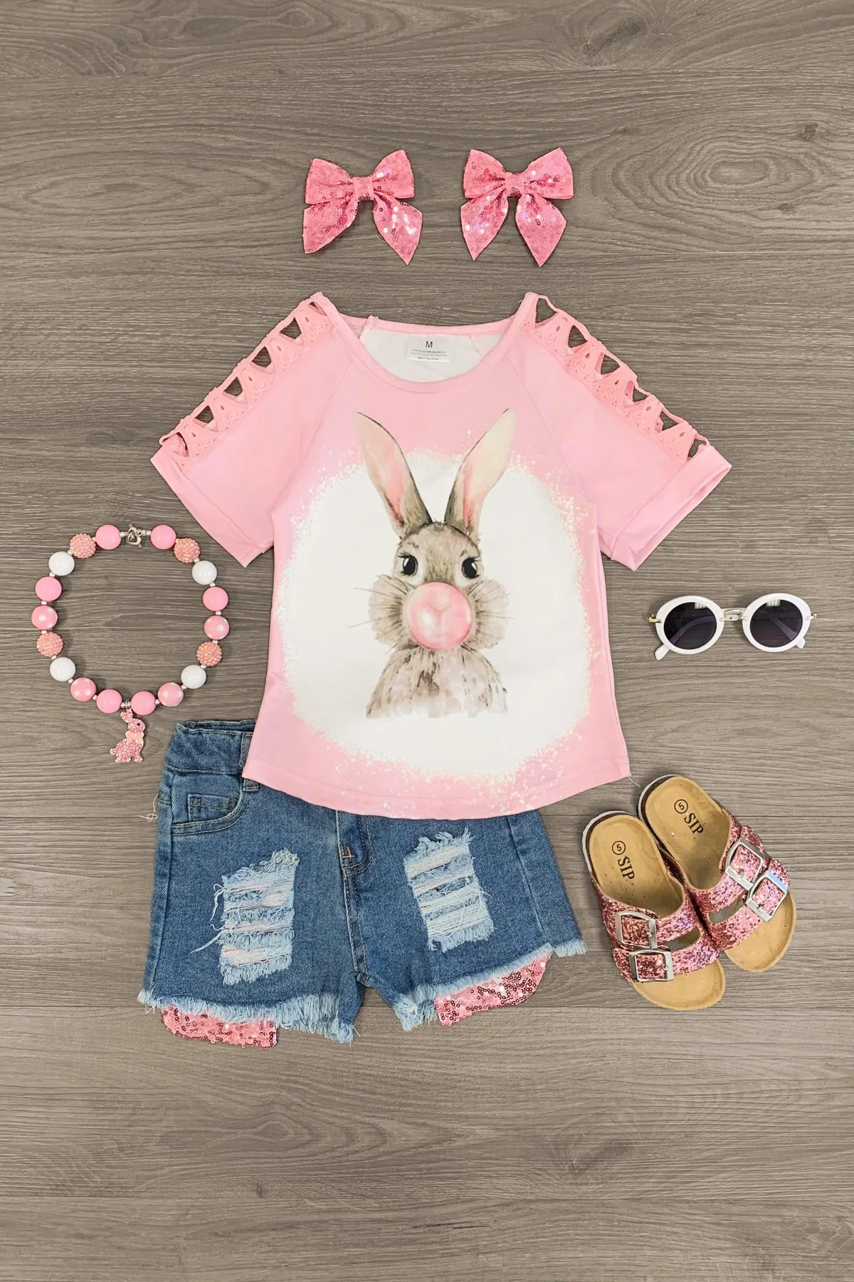 Bubblegum Bunny Distressed Denim Short Set | Sparkle In Pink