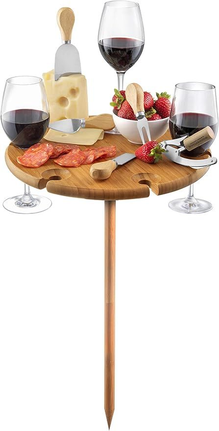 Bamboo Portable Outdoor Wine Table Set - Picnic Cheese Board with Stainless Steel Serving Utensil... | Amazon (US)