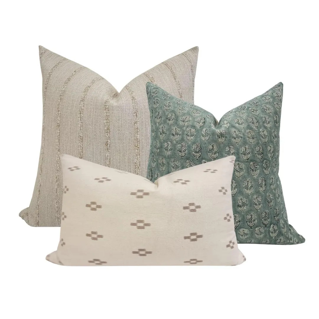 PILLOW COMBO || Set of Three Pillow Covers, Cream Woven Striped, Blue Linen Floral, Cream Pillow,... | Etsy (US)