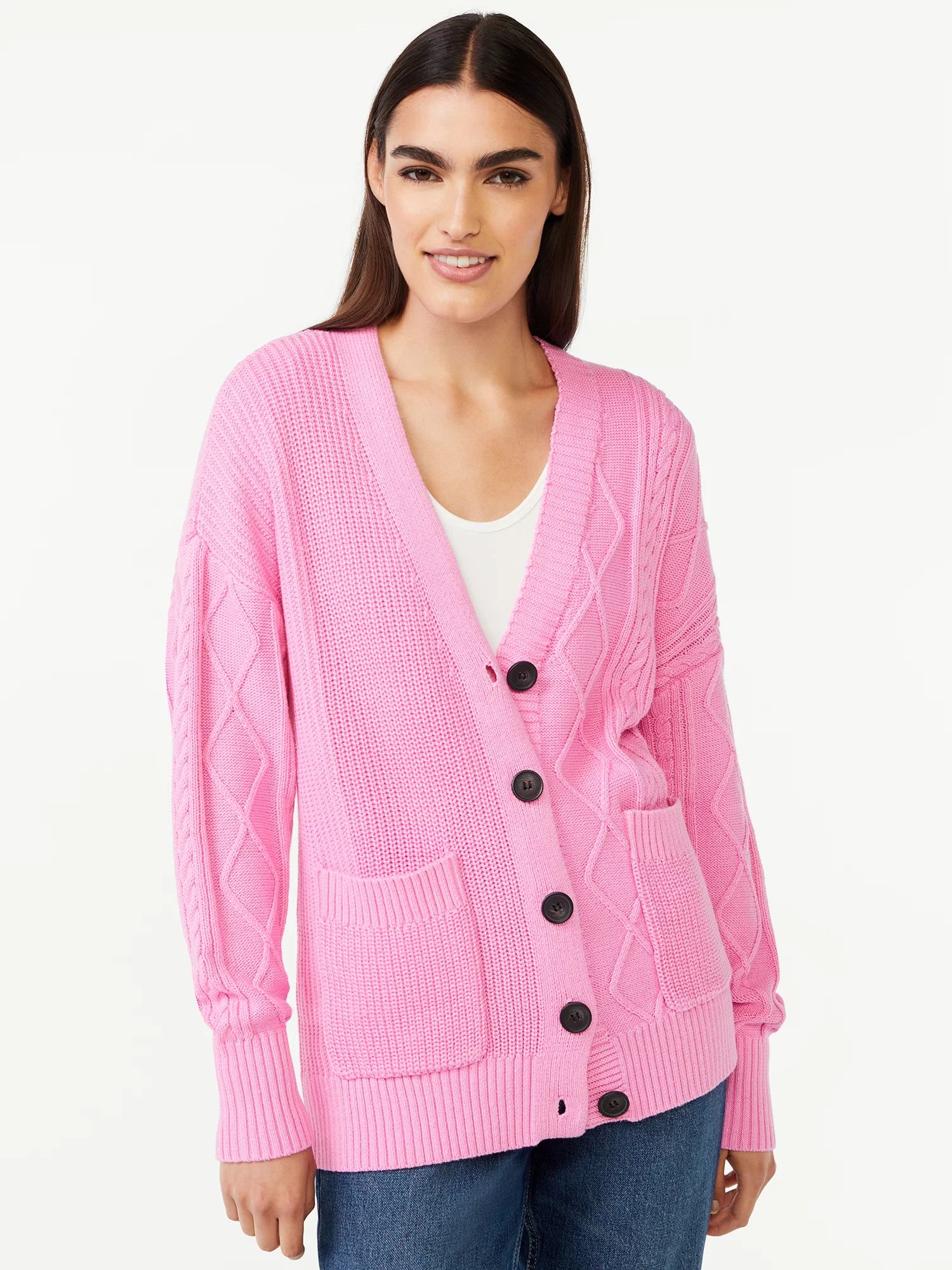 Free Assembly Women's Mix Stitch V-Neck Cardigan Sweater - Walmart.com | Walmart (US)