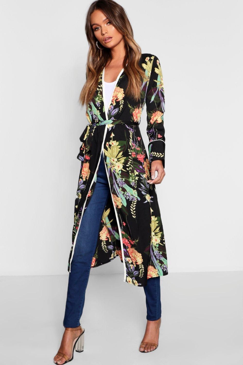 Womens Dark Tropical Floral Belted Kimono - Black - Xl | Boohoo.com (US & CA)