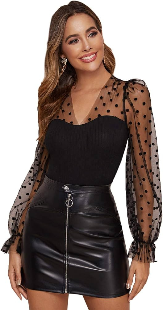 Romwe Women's Elegant Mesh Lantern Bishop Sleeve V-Neck Slim Fit Solid Blouse Top Tee | Amazon (US)