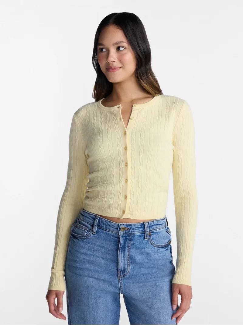 No Boundaries Cable Knit Crewneck Cardigan, Women's XXS-4X | Walmart (US)