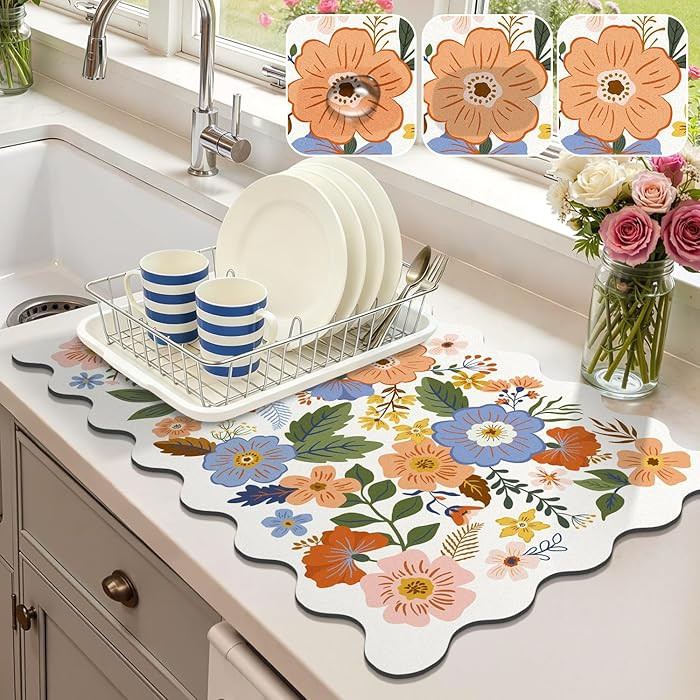 LOKHOM Scalloped Floral Dish Drying Mat, 12"x20" Coffee Mat Wildflowers | Amazon (US)