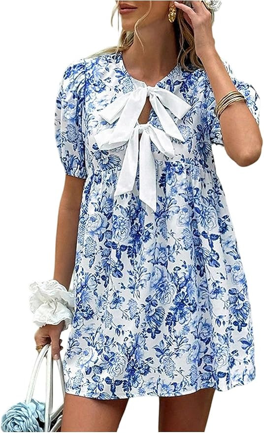 SOLY HUX Women's Floral Mini Dress Bow Tie Front Puff Short Sleeve Babydoll Flowy Summer Vacation... | Amazon (US)