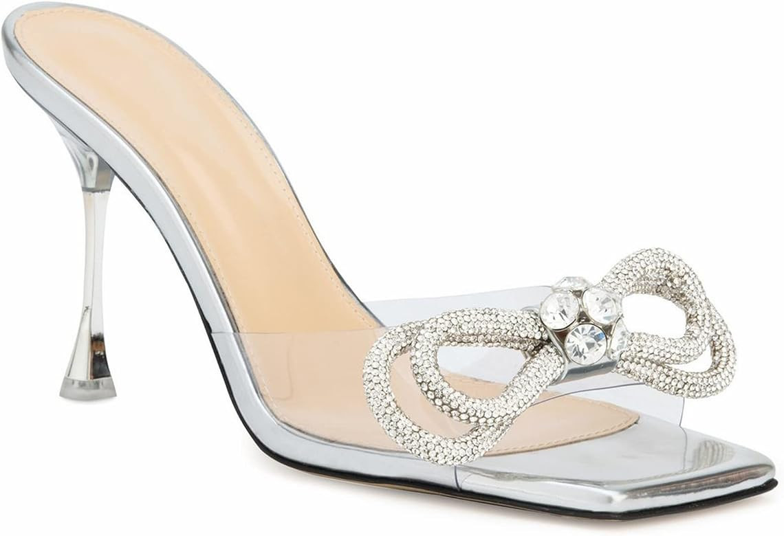 LauraVicci Women's Heeled Bow Mules Clear Sandals Square Open Toe Rhinestone Embellished Crystal Bow | Amazon (CA)